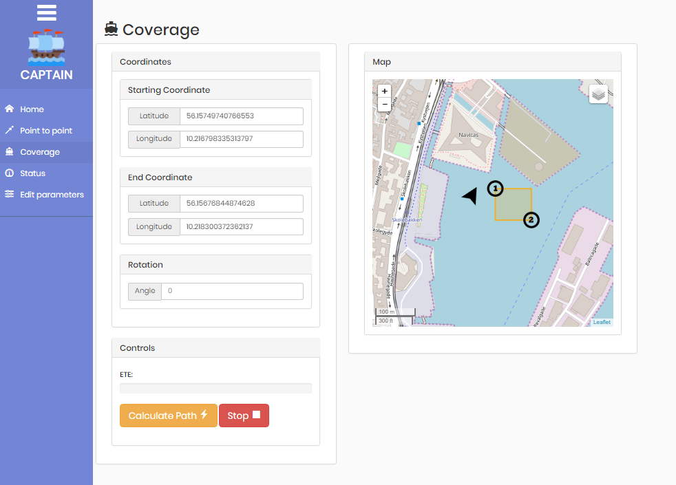 Dækningssiden i webinterfacet med et rektangel tegnet på et kort over Aarhus havn